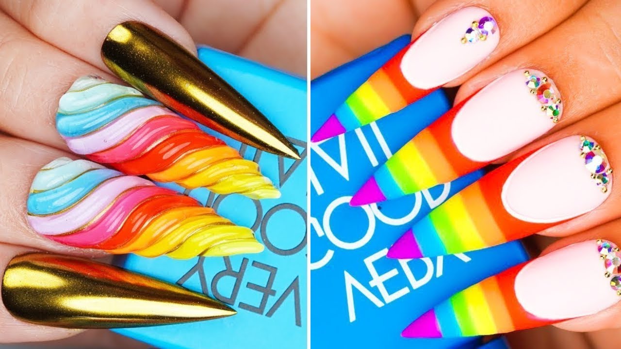 Satisfying Nail Art ASMR 🦄 Rainbow Unicorn & Gold Chrome Nails! Acrylic Nail Designs Compilation