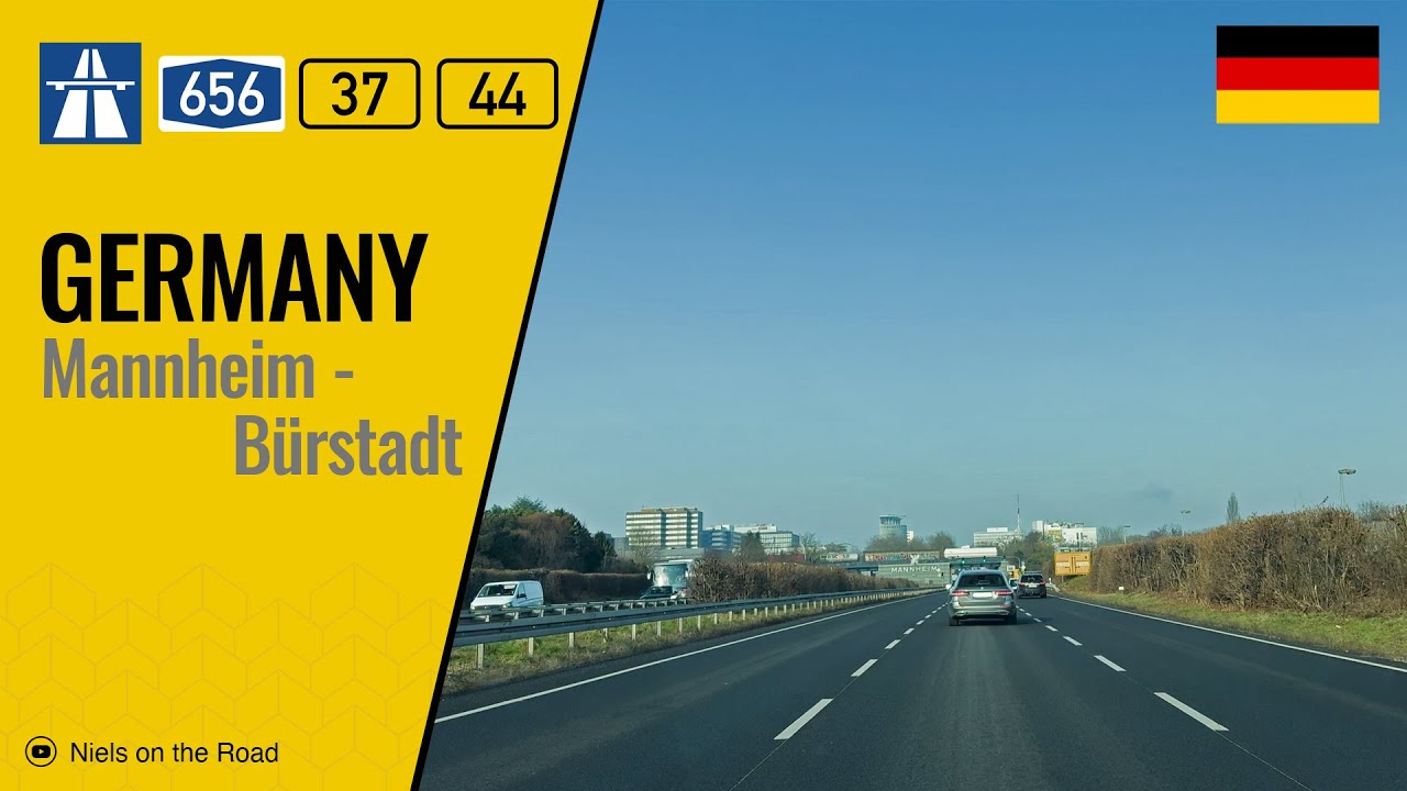 Driving in Germany: Autobahn A656 & Bundesstraße B37, B44 from Mannheim to Bürstadt