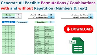 Generate All Possible Permutations / Combinations with or without Repetitions (Numbers & Text)