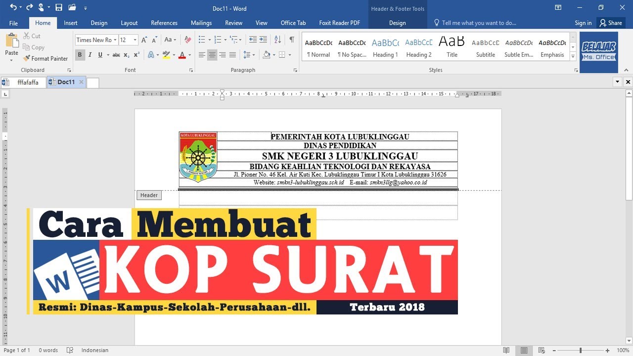 Belajar Microsoft Word | Cara Membuat Kop Surat di ...