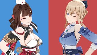 Genshin VS Honkai characters in their "Outfit" version