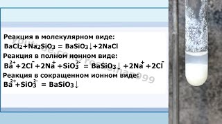 BaCl2+Na2SiO3=BaSiO3+NaCl Ионное и молекулярное уравнения реакции, демонстрация.