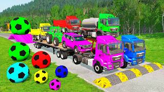 Flatbed Trailer McQueen Transportation with Truck - Speedbumps vs Cars vs Train - BeamNG.Drive #102