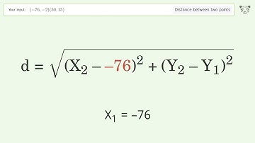 Find the distance between two points p1 (-76,-2) and p2 (50,15): Step-by-Step Video Solution