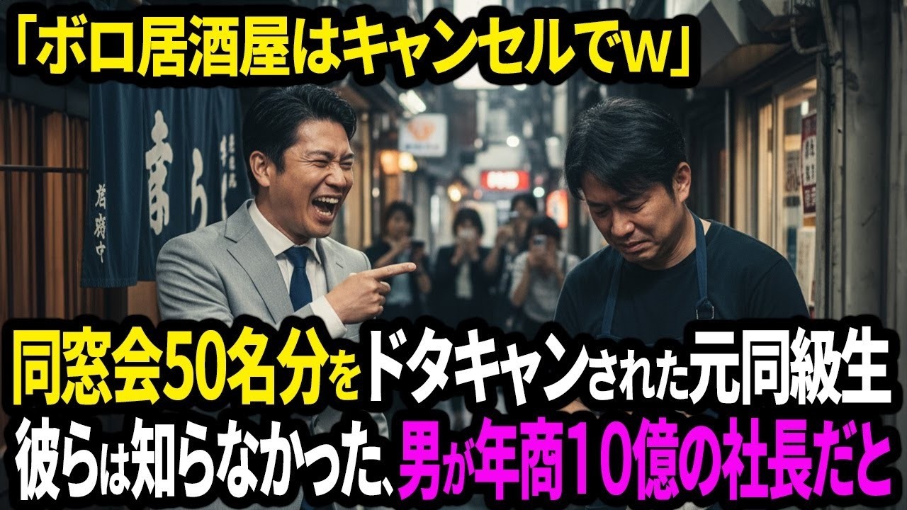 「ボロ居酒屋はキャンセルでｗ」同窓会50名分をドタキャンされた元同級生の店主、彼らは知らなかった、男が年商10億の社長だと【面白きかな人生】