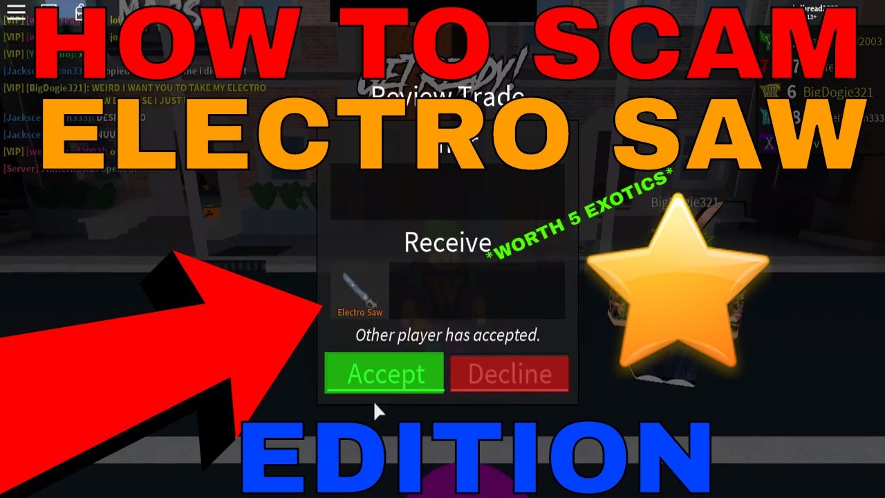 How To Scam Electro Saw Edition Worth 5 Exotics Roblox Assassins Scamming - roblox assassin values 2017 youtube
