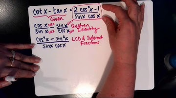 cot(x)-tan(x)=(2cos^2(x)-1)/(sin(x)cos(x)) -- Verify Trig Id