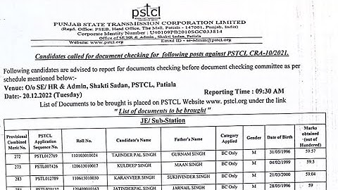PSTCL JE | Sub Station Document Verification | Checking Schedule 2022 Out CRA 10/2021.
