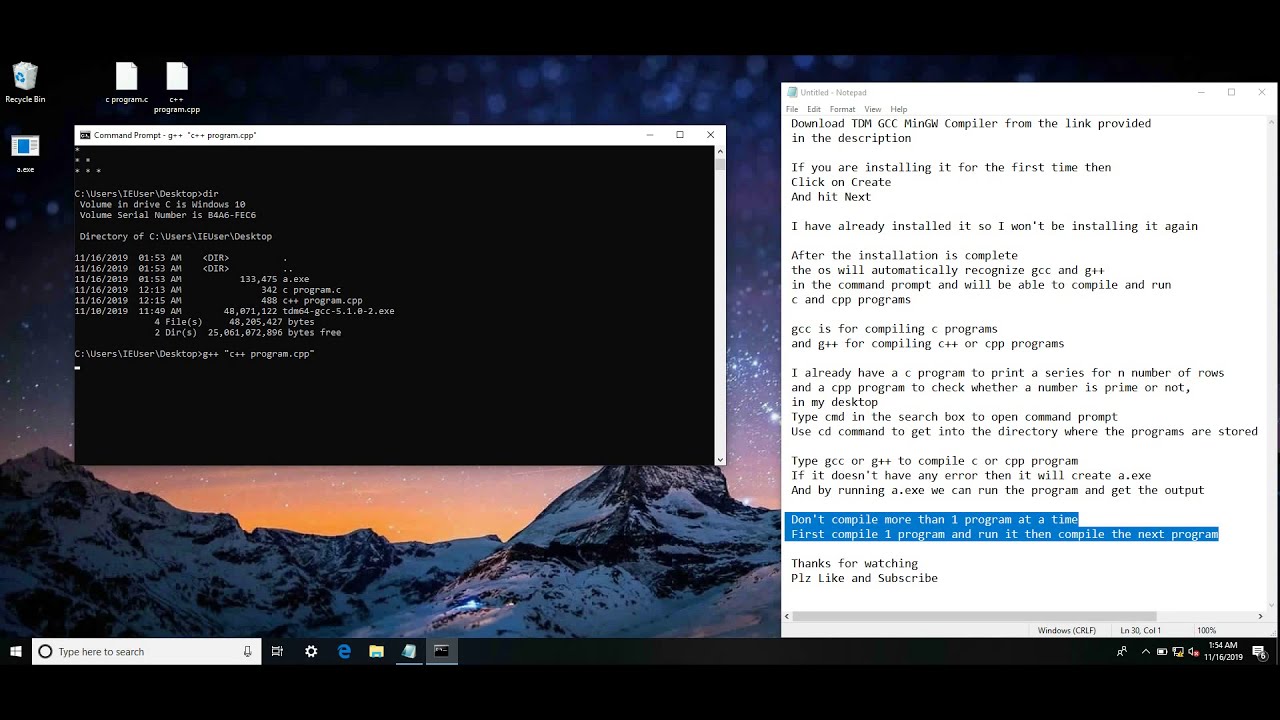 Compile Run C C Programs In Windows 10 Cmd Using Tdm Gcc Mingw Compiler Youtube