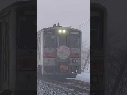 朝靄の中をやって来たキハ54留萌本線さようならヘッドマーク取り付け列車