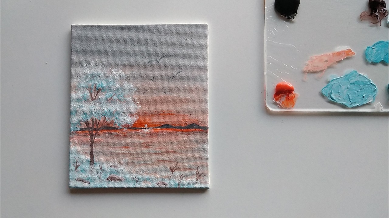 How to Paint a Winter Landscape on Canvas - Easy Winter Sunset Painting with Acrylics