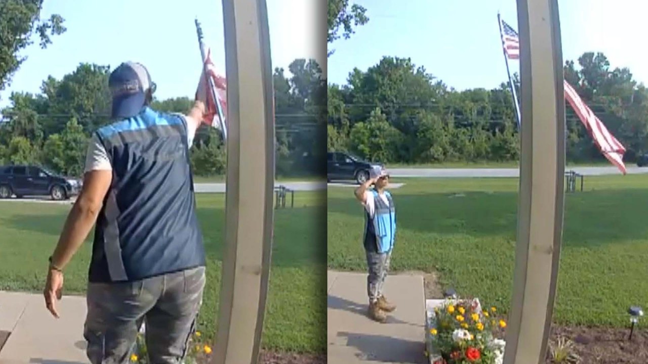 Delivery Driver Warms Hearts After Unfurling And Saluting US Flag