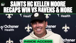 Saints HC Kellen Moore on win at Baltimore, Kelvin Banks' injury, run game consistency and more