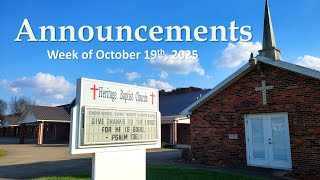 Heritage Announcements, Sunday, October 19, 2025!