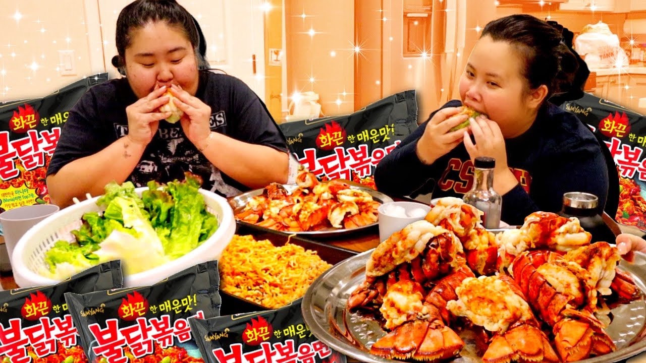 10 GIANT LOBSTER TAILS + NUCLEAR FIRE NOODLE WRAPS + SPRING ROLLS MUKBANG 먹방 EATING SHOW!
