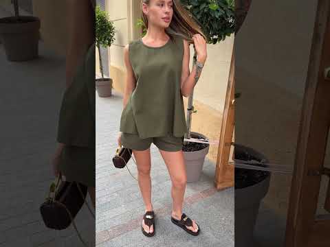 Женский костюм льняной шортами Летний костюм двойка легкий Повседневный женский прогулочный костюм, видео 2