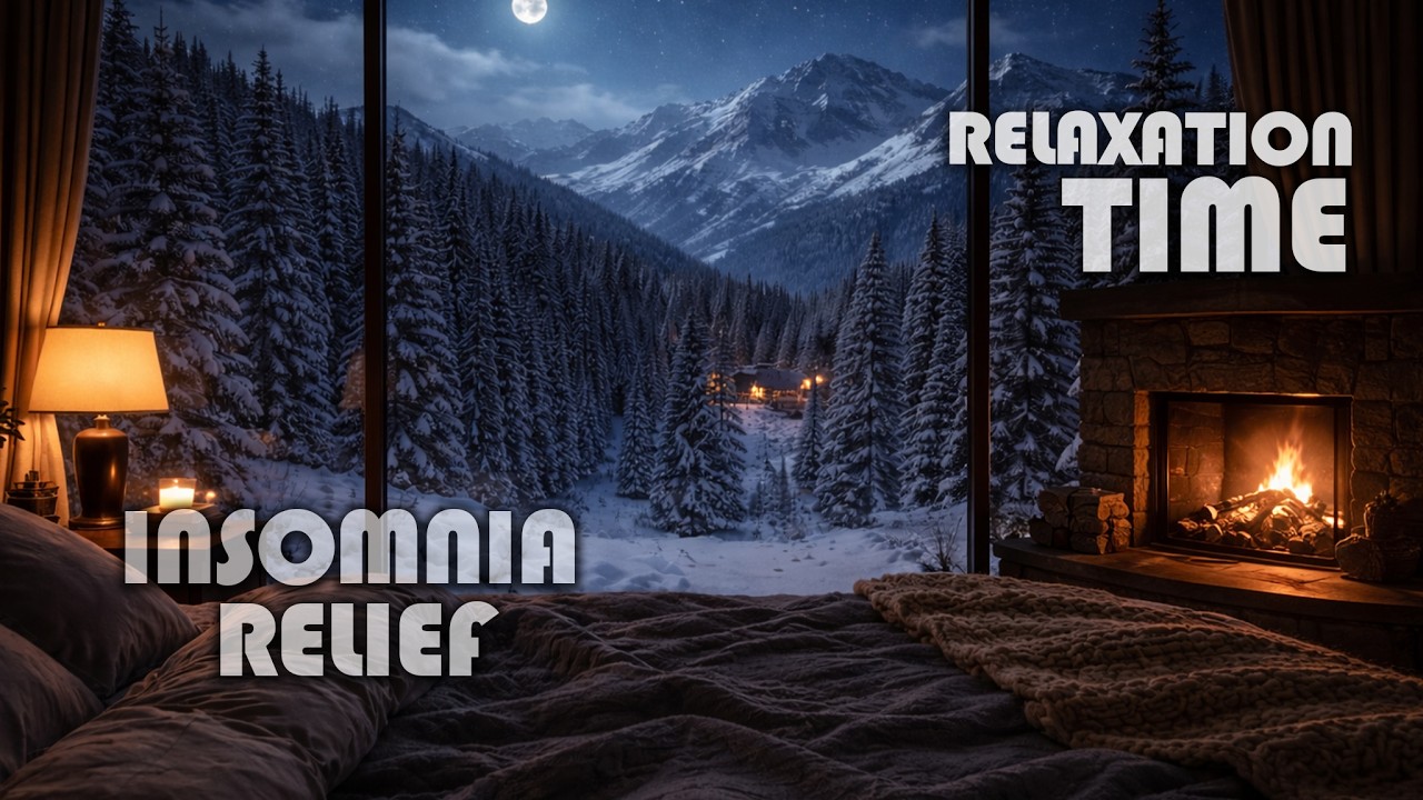 Cozy Villa Bedroom with Small Fireplace During Midnight Snowfall | Relaxing Winter Night Ambience