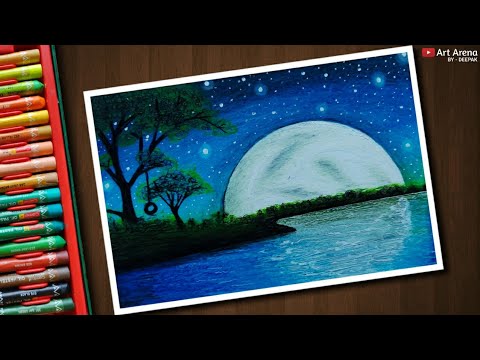 Beautiful Moonlight  scenery  drawing  with Oil  Pastels  