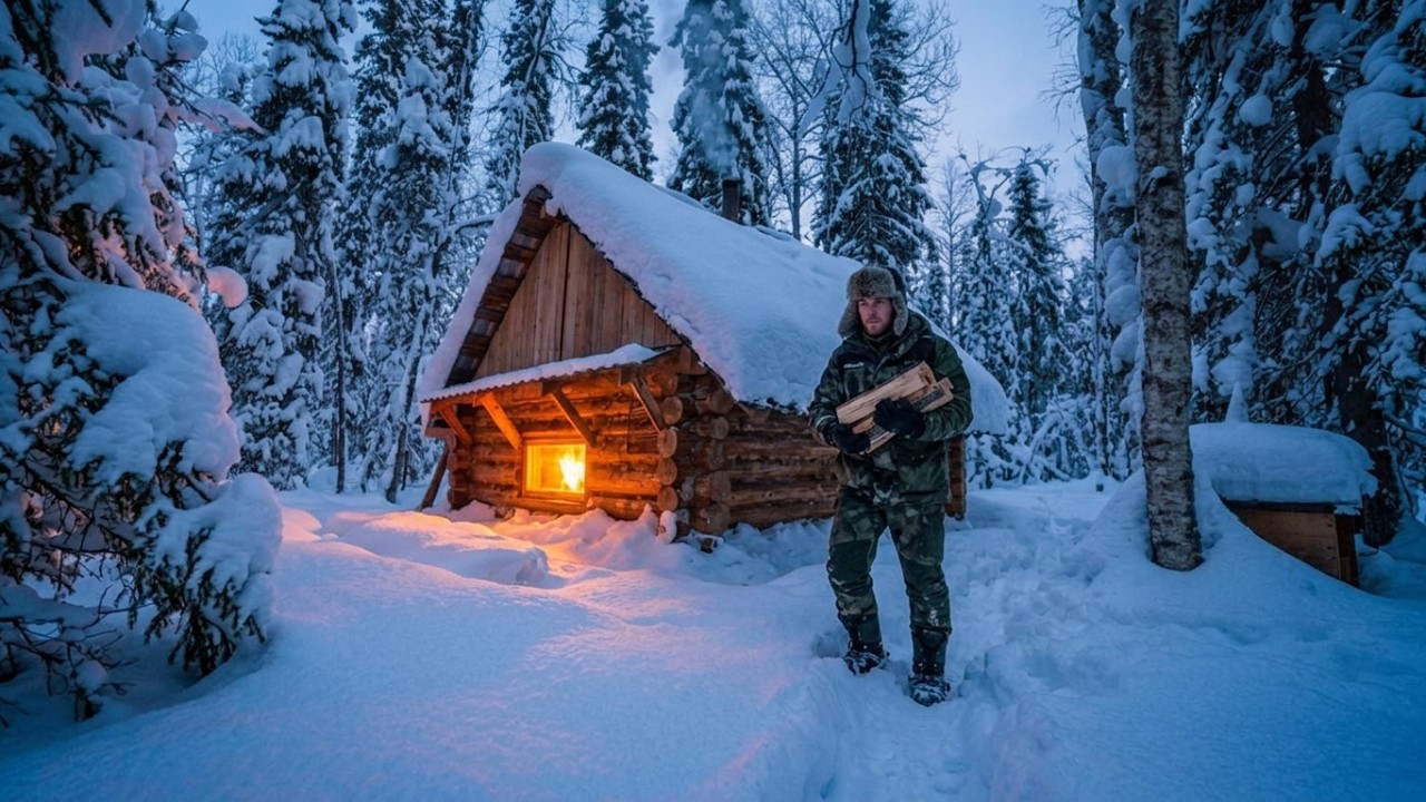 Living Off the Grid in a Snow-Covered Forest | Winter Off-Grid Cabin ...