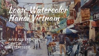 Watercolour Market Scene Hanoi Vietnam