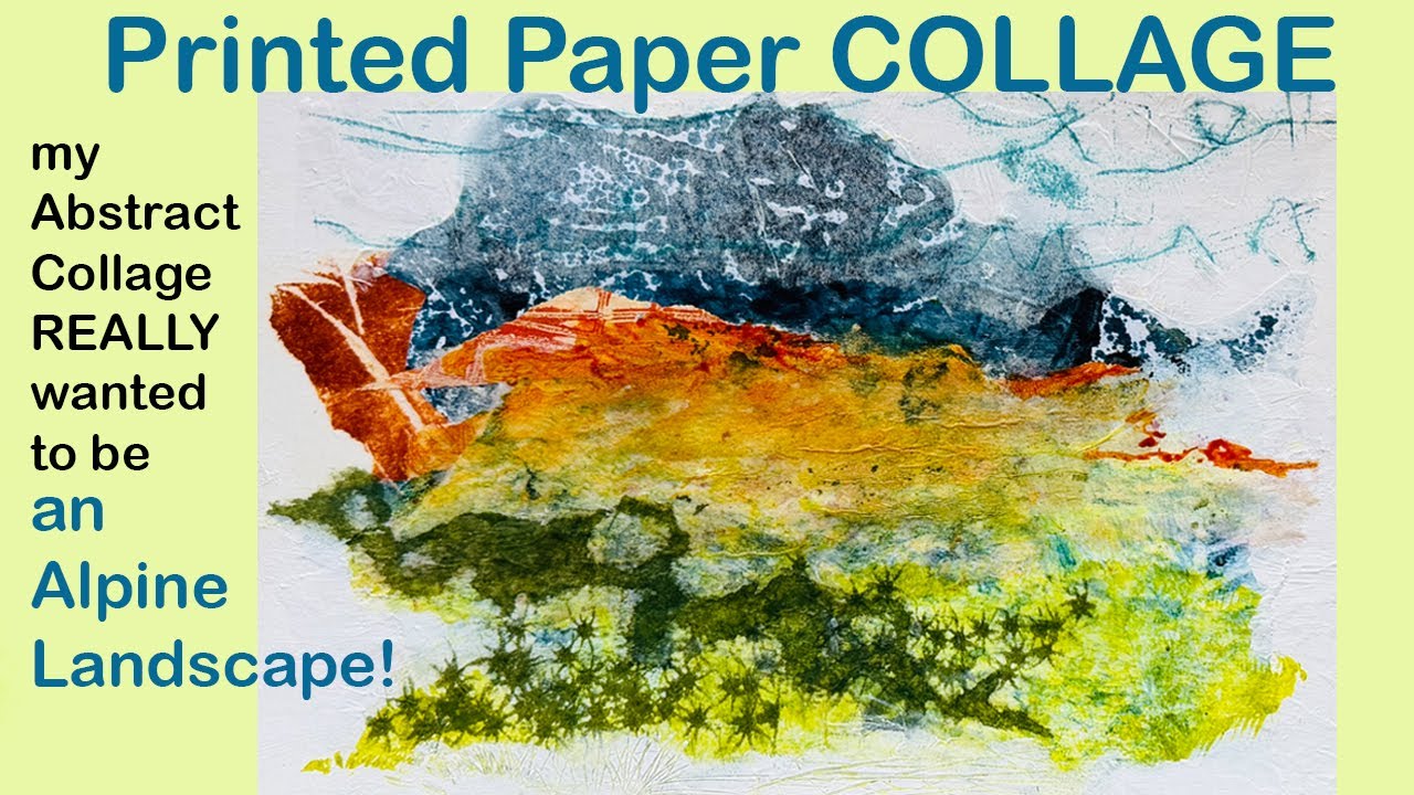 Абстрактный альпийский пейзаж в коллаже — результат абстрактной игры с бумагой, напечатанной на г...