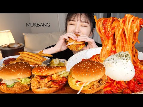 부라타치즈 올린 매운 해산물 토마토마스타, 맘스터치 신메뉴 먹방🍔 <strong>Seafood</strong> tomato <strong>pasta</strong> with burrata cheese, Hambugers MUKBANG