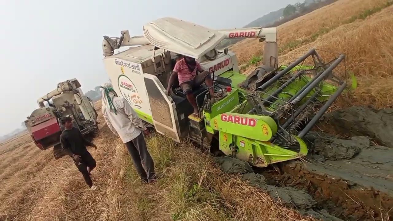 🌾 धान काटते हुए 😮फंसा गहरा 🌾खेत में मशीन🚜 