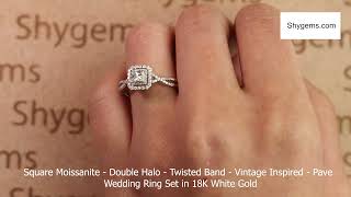 JeenMata 1 Carat Princess Cut Moissanite Engagement Ring - Bridal Set -  Double Halo Ring - Cluster Ring - 18k White Gold Over Silver 