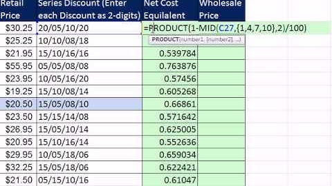 Excel Magic Trick 828: Calculate Wholesale Price From Series Trade Discount (3 Array Formulas)
