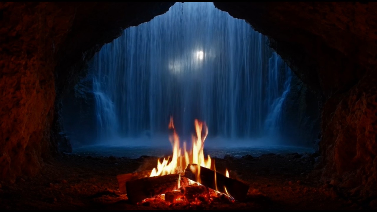Hidden Cave Campfire Behind Waterfall 🔥 | Deep Relaxation & Sleep Ambience | 25 Percent