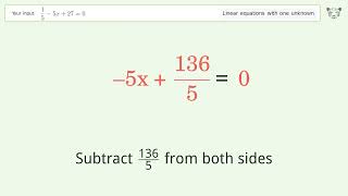 Linear equation with one unknown: Solve 1/5-5x+27=0 step-by-step solution