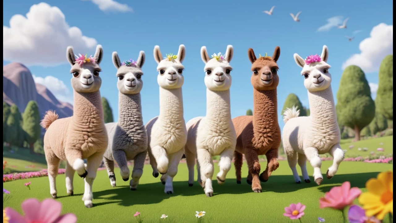 Fünf kleine Lamas springen auf der Wiese | Lustige Tierlieder & Zählen für Kinder