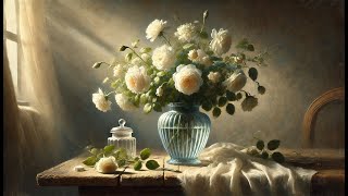 Vintage White Roses Oil Painting | Classical Floral Art | 4K Still Life Display | 1 Hour Loop screenshot 1