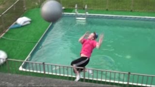 Exercise Ball Into Pool Prank W Macho Man Elbow Drop