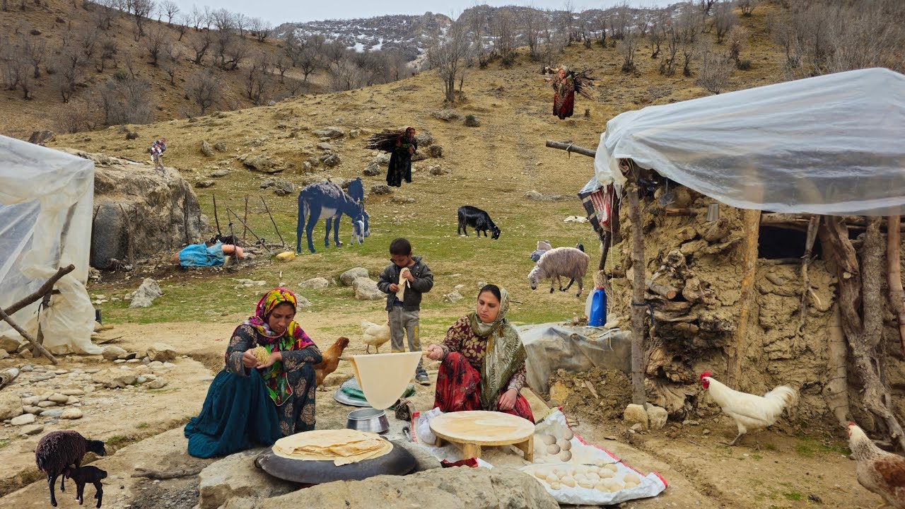Кочевой образ жизни: сбор дров в диких горах Загроса, одинокие девушки-кочевницы пекут местный хлеб.