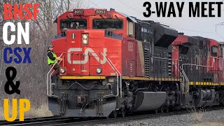 Three-way Meet at Colvin Park: CN M337, M338, & G889 with BNSF, CN, CSX, and UP motors 2022-03-14