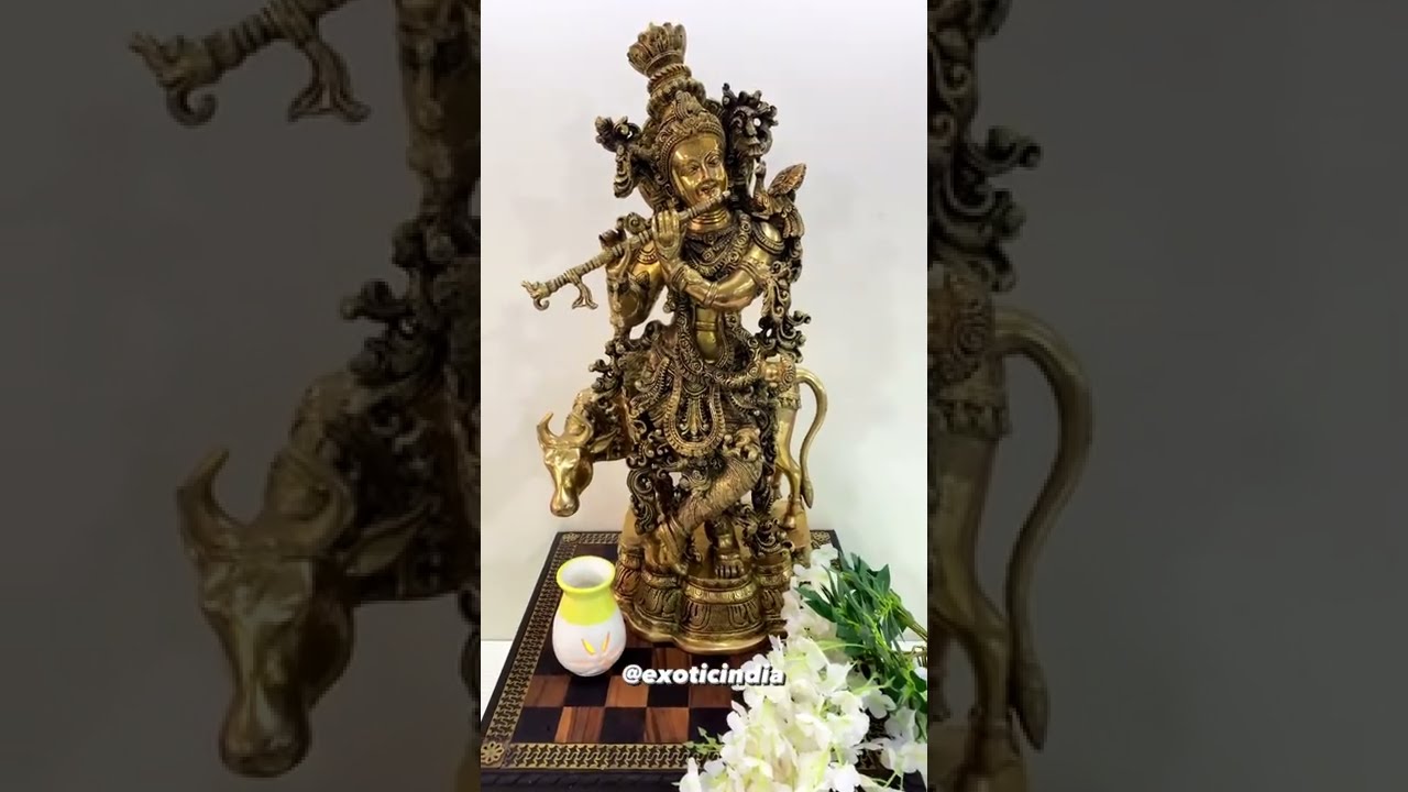 26" Krishna The Flutist- With His Cow In Brass | Handmade | Made In India | Exotic India Art
