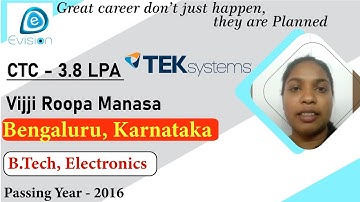 Congrats, Manasa | Vizag | Selected in TEKSystems | 3.8 LPA | ELECTRONICS Engineer, Passing 2016