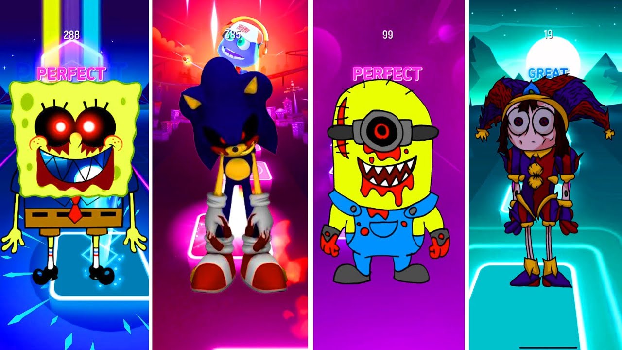 Spongebob exe vs Sonic exe vs Minions exe vs Pomni exe. Tiles Hop EDM ...