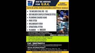 #mechanicaljobs #aryaainternational #dubaijob #gulfjob #newjob #plumber #welderjob #fitter