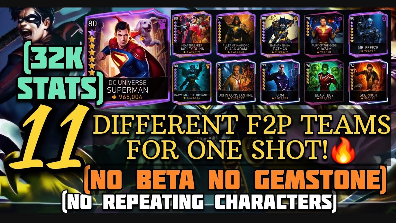 11 различных F2P КОМАНД НА ОДИН УДАР!🔥 (32К СТАТИСТИКИ) H7 Королевство Безумия Соло Рейд в Injust...