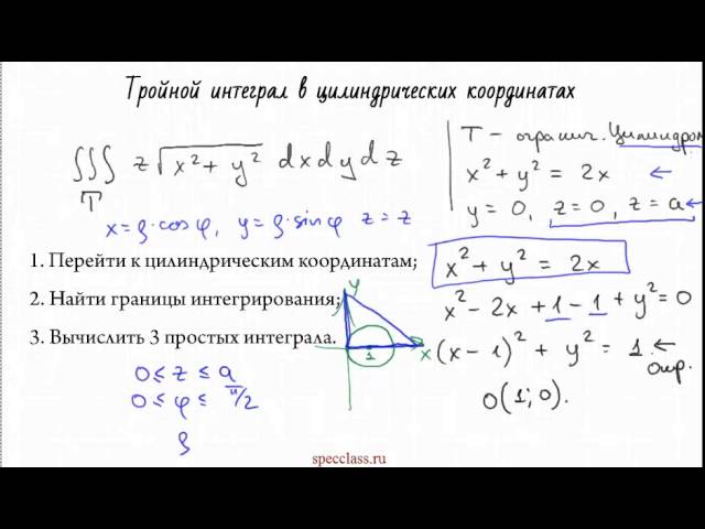 Сферические интегралы. Тройной интеграл в декартовых и цилиндрических координатах. Цилиндрические координаты в тройном интеграле. Вычисление тройного интеграла в цилиндрических координатах. Интеграл в цилиндрических координатах.