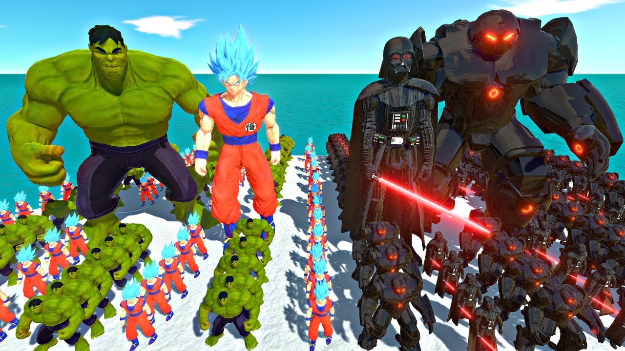 Son Goku Team + Hulk Team vs  Hulkbuster Team + Darth Vader Team - Animal Revolt Battle Simulator
