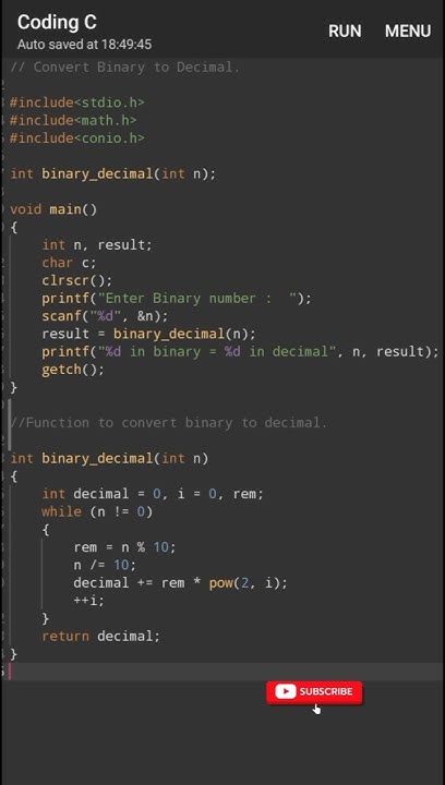 Binary to Decimal Conversion in C | Coding C #shorts - YouTube