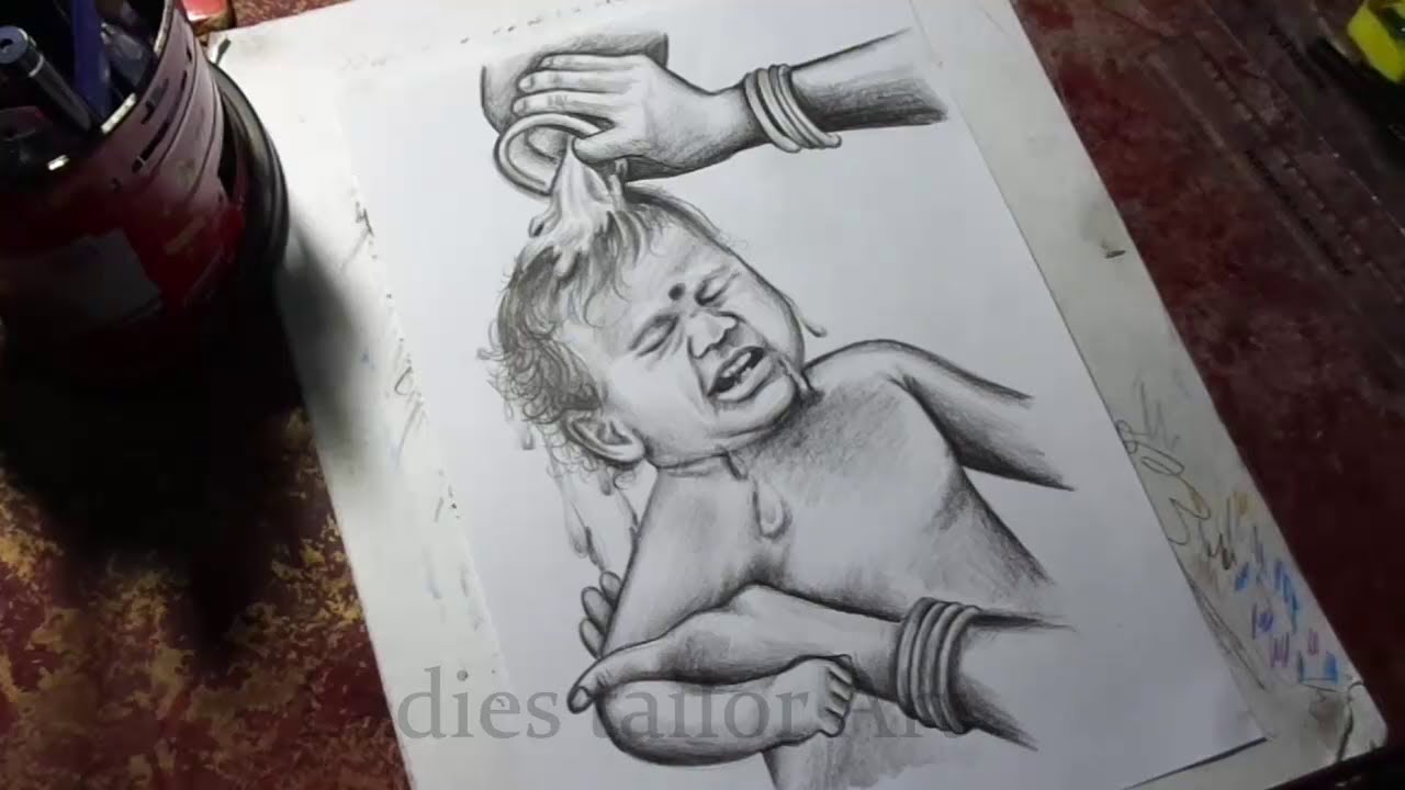 How to Mother Bathing Child Pencil Sketch for Beginners Step by Step Easy method