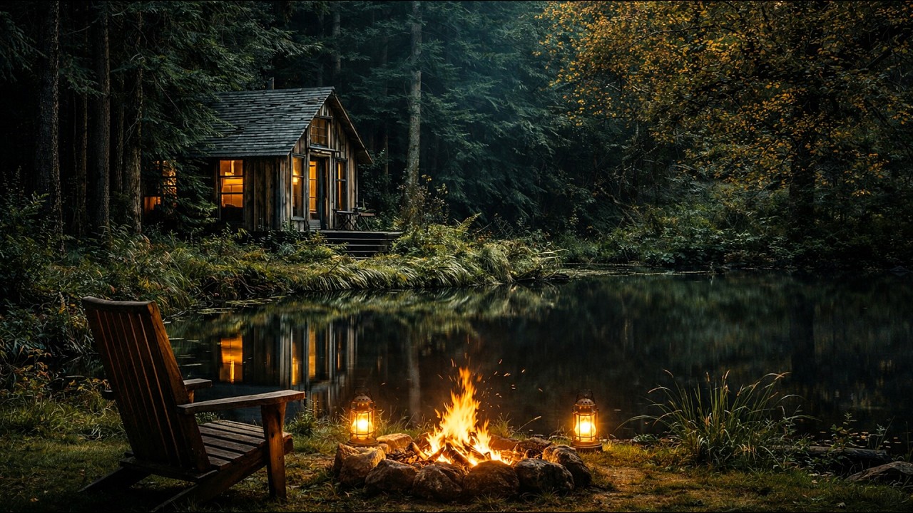 Deep Sleep Forest Lake CAMPFIRE with Cabin , Fog, Mist, Stress Relief, Fire, Meditation - ASMR