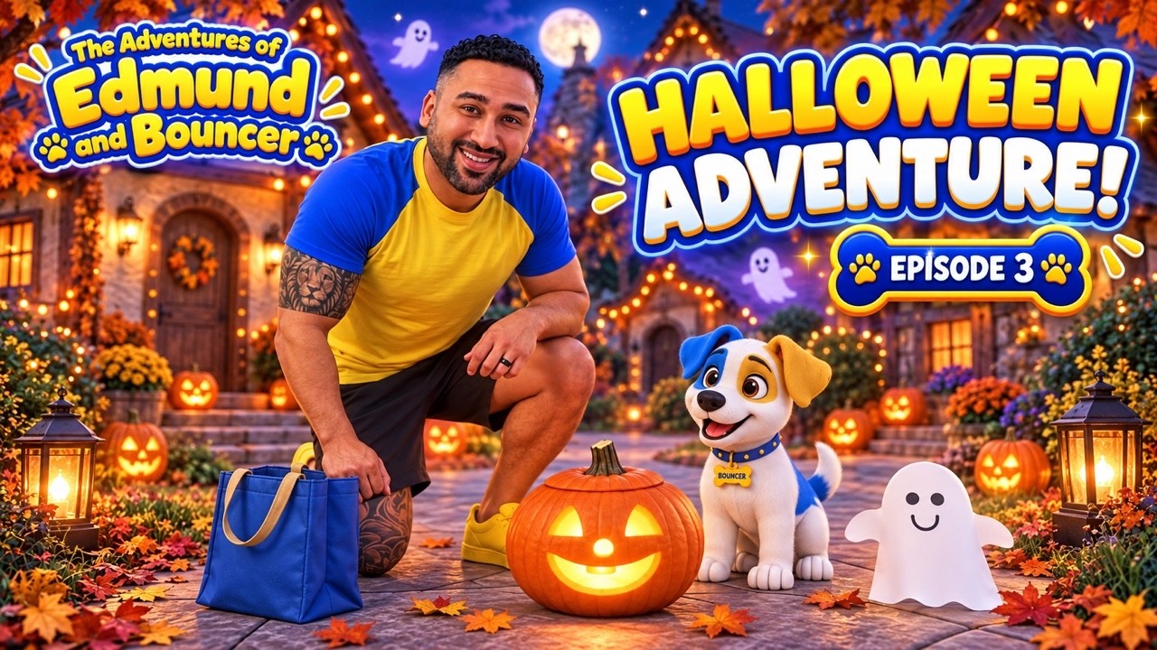 Edmund and Bouncer with a happy glowing pumpkin and a smiling paper ghost in a colorful Halloween village