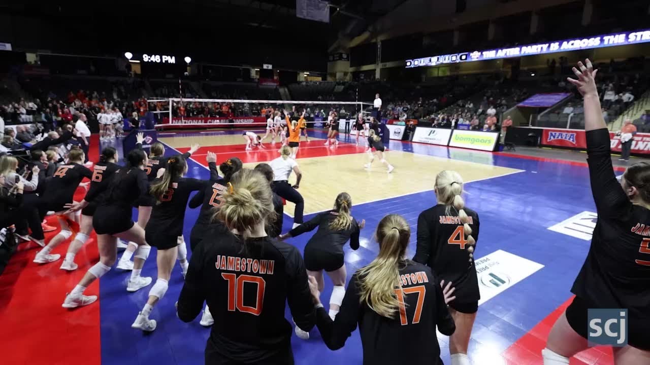 Jamestown players celebrate winning NAIA Volleyball Championship YouTube