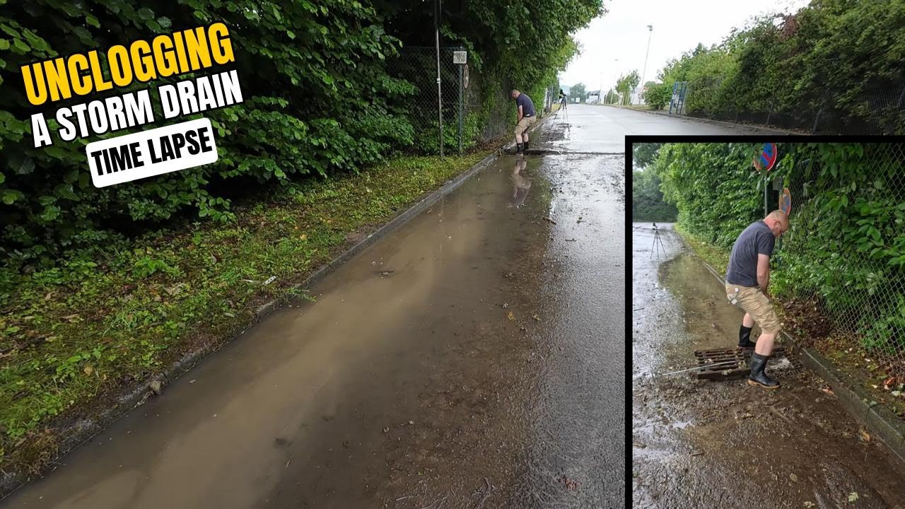 #072-2 - Time Lapse - Unclogging a storm drain on a road after rain in ...