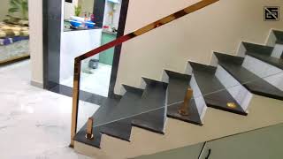 luxurious Rose Gold toughened Glass Railing for staircase complete installation